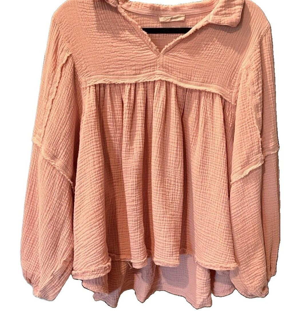 Ces femme Pink Cotton Collared Peasant Balloon Sleeve Gauze Blouse Oversized S